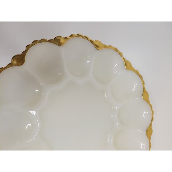 Vintage Anchor Hocking White Milk Glass Deviled Egg Plate Dish With Gold Trim - Picture 2 of 7